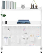 Dlinanta Clamp-On Pegboard Desk Organizer, 2-Tier Clamp On Desk Shelf with Hooks, Office Accessory Organizer for Books, Office Supplies & DIY Storage, 16.5lbs Capacity, 39.37" x 37.4", White