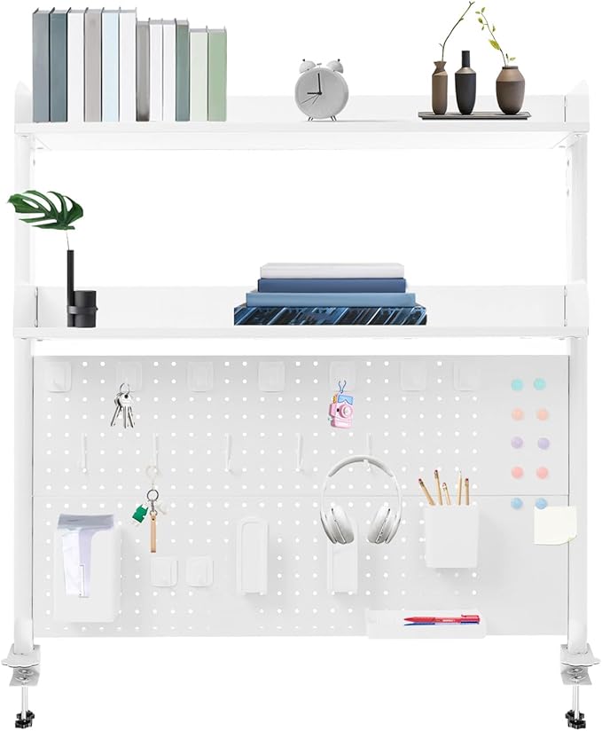 Dlinanta Clamp-On Pegboard Desk Organizer, 2-Tier Clamp On Desk Shelf with Hooks, Office Accessory Organizer for Books, Office Supplies & DIY Storage, 16.5lbs Capacity, 39.37" x 37.4", White