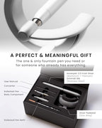 novium Hoverpen Future - Luxury Fountain Pen & Rollerball Pen All-In Gift Box, Schmidt Nib (Fine), Converter, Extra Refill, Aerospace Metal, Best Pen Gift Set for Men & Women (Frost Silver)