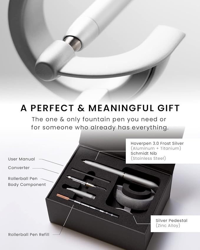 novium Hoverpen Future - Luxury Fountain Pen & Rollerball Pen All-In Gift Box, Schmidt Nib (Fine), Converter, Extra Refill, Aerospace Metal, Best Pen Gift Set for Men & Women (Frost Silver)