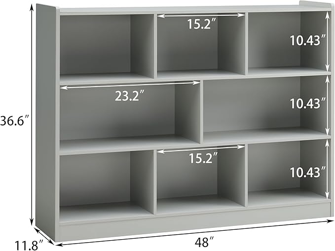 Onirw 3-Tier Bookshelf, 8-Section Wooden Bookcase, Storage Organizer with Anti-Tilt Device, Modern Storage Display Cabinet for Living Room, Classroom, Kid’s Room (Grey)
