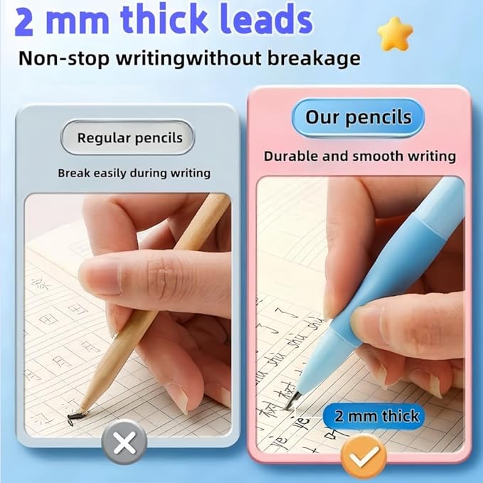 Inclock Handwriting thick mechanical pencils with grip: 2.0MM HB Pencil for kids with 14 leads (6 pack)