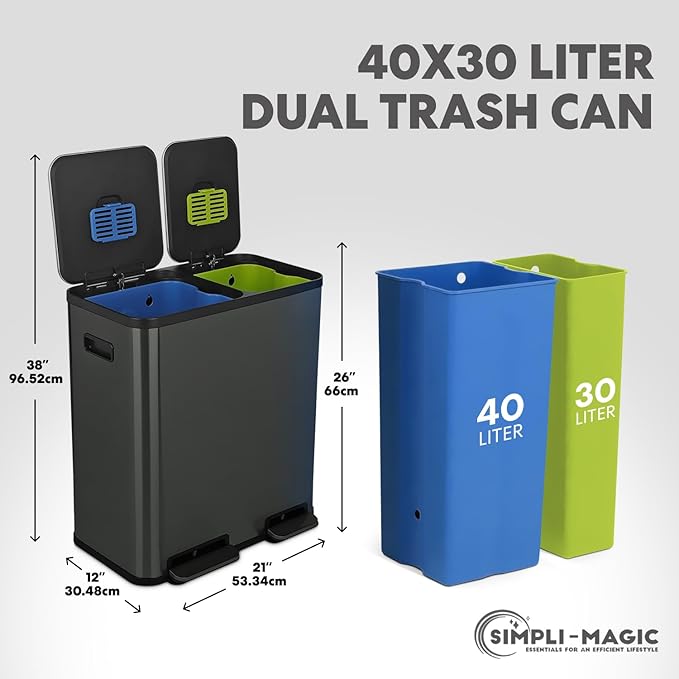 70 Liter / 18.5 Gallon Rectangular Hands-Free Dual Compartment Recycling Kitchen Step Trash Can with Soft-Close Single Lid, Stainless Steel (40L x 30L Capacity) Elegant Black Finish
