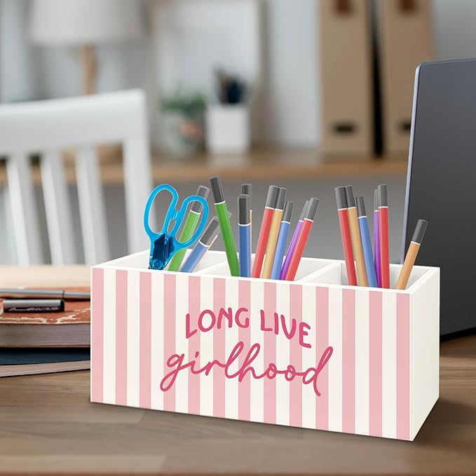 URLLUAE Pink Preppy Long Live Girlhood Wooden Pen Pencil Holder for Desk Accessories, Preppy Girly Desk Decor, Feminine Aesthetic Makeup Brush Toothbrush Holder Organizer for Girls Room Bathroom