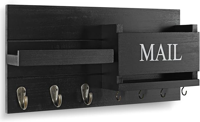 Lwenki Mail Organizer for Wall Mount – Key Holder with Shelf Includes Letter Holder and Hooks for Hallway Farmhouse Decor – Rustic Wood with Flush Mounting Hardware (16.5” x 9.1” x 3.4”) (Black)