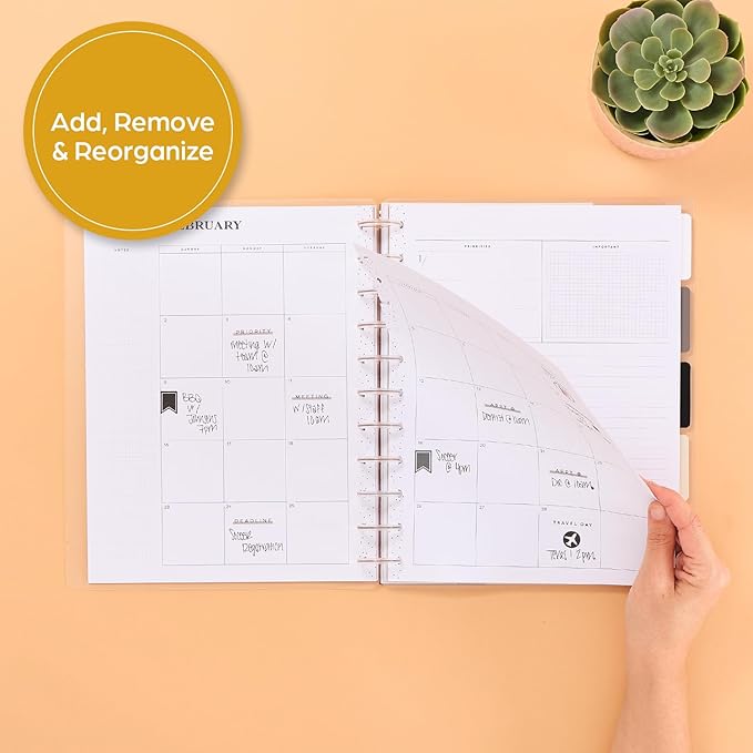 Happy Planner Undated Plans + Notes Monthly Planner Notebook Journal, 12-Month Planner, Modern Texture, Big Size, 60 Pages, 4 Dividers, 4 Sticker Sheets, 8.5" x 11"