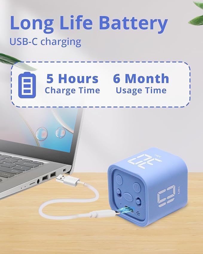 Productivity Timer Flip Gravity Sensor Cube Timer Countdown & Countup,Mute & Vibrate & Sound，5/10/30/60min & Custom Timing, Perfect for ADHD,Work,Learning,Kitchen Cooking (2 Blue)