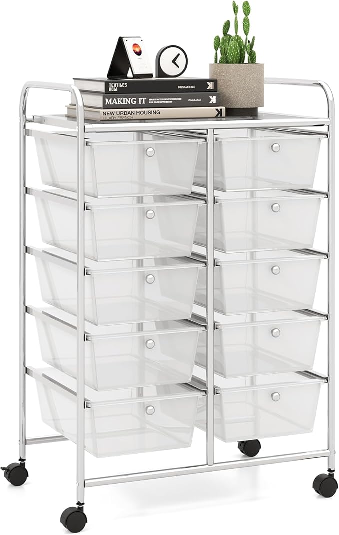 LDAILY 10 Drawer Rolling Cart, Storage Cart Organizer on Wheels, Drawer Cart with Metal Frame & Large Storage Capacity, Rolling Cart with Drawers for Living Room Classroom, Office