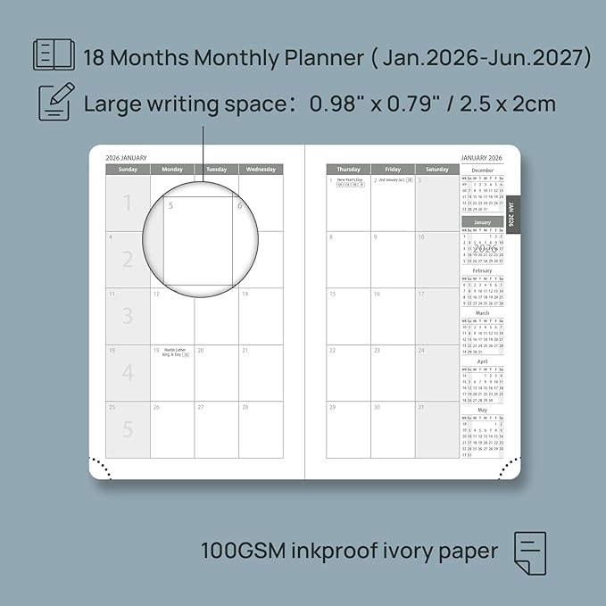 POPRUN Pocket Monthly Planner 2026-2027 (Pocket- 4''x 6.25'' Soft Leather Cover) - 18 Month Calendar Book for Purse (Jan.2026 - Jun. 2027), 100 GSM Thick Paper - Grey