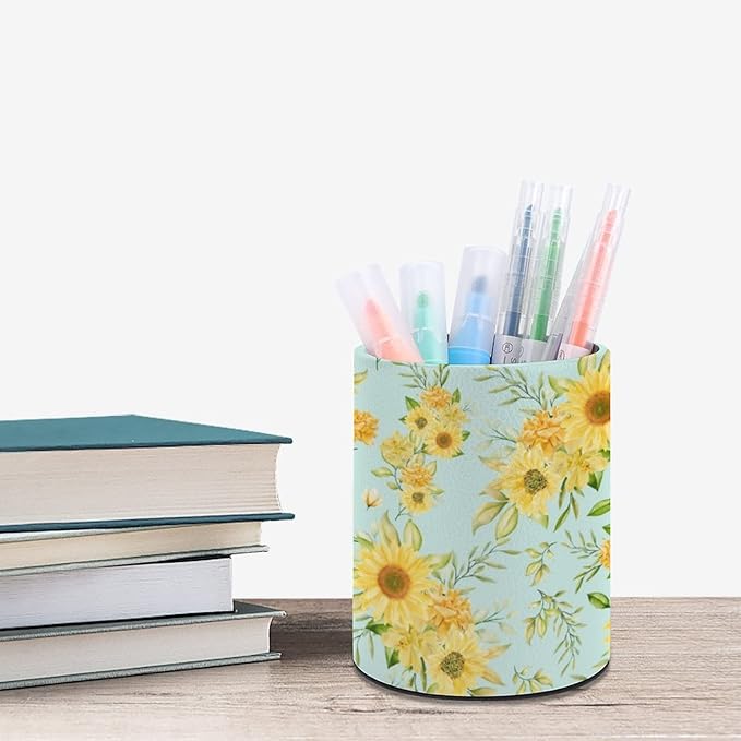 DIYYAO Personalize Sunflower Pattern Circular Pen Holder - Desk Pen Organizer Control Storage Box Makeup Brush Holder (A)
