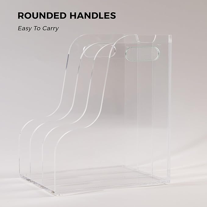 AIMOLLY 3 Vertical Compartments File Holder, Clear Acrylic Desk Organizer and Storage Bins Holding for Magazines, Binders, Notebooks, Envelopes, Multi-purpose Document Organizer for Home Office