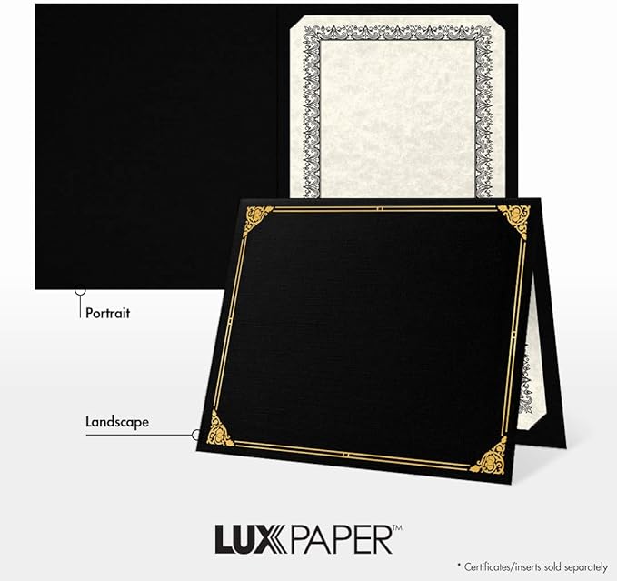 LUXPaper 9.5" x 12" Certificate Holders | Black Linen | Embossed Gold Foil Floral Border | 100lb. Cover | 250 Qty