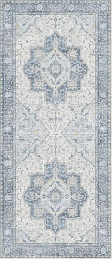 GENIMO Runner Rug 2'6"x6 Machine Washable Non Slip Vintage Hallway Runner Rug, Low Pile Lightweight Rugs for Indoor Entryway, Hallway, Kitchen and Corridor, Light Blue
