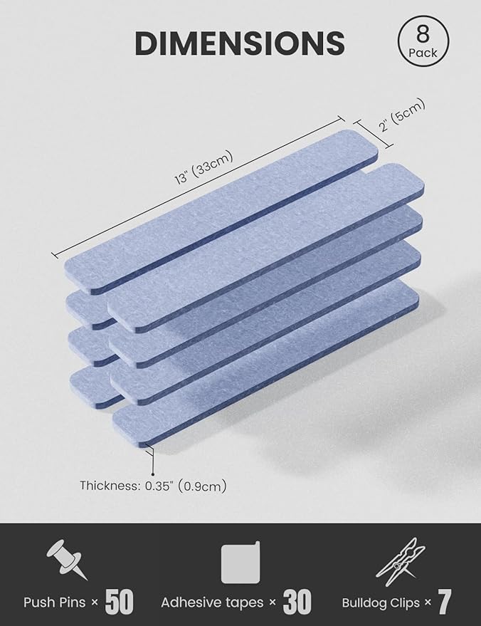 Fluxynara Cork Board Alternative Felt Strip Board 8-Pack 13"x2", Office Pin Board with 50 Push Pins, Adhesive Install for Bedroom Door & Home Office(Soft Periwinkle)