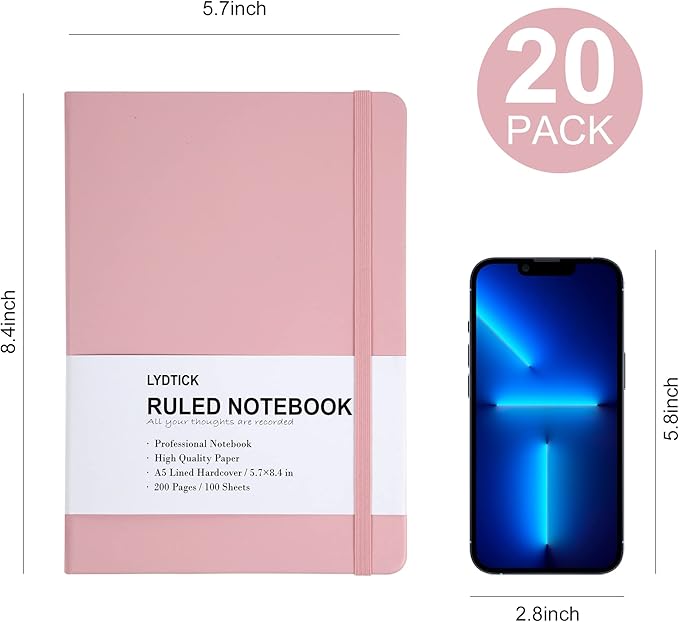 LYDTICK 20 Pack Journals for Writing College Ruled Notebooks Journal in Bulk, Hardcover Notebooks (200Pages) for Note Talking, Lined Bullet Journals for Home School Office, 5.7"x8.4", Pink