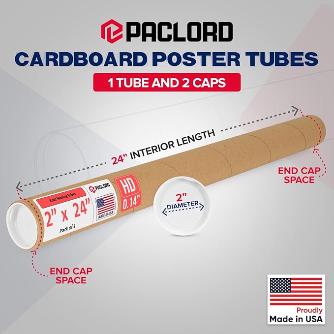 Paclord 2" x 24" Heavy-Duty Reinforced Cardboard Mailing Tube, Pack of 1 Tube with 2 Caps – Secure USPS Approved – Great for Shipping and Storing of Prints, Artwork, Posters or Documents