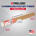 Paclord 2" x 24" Heavy-Duty Reinforced Cardboard Mailing Tube, Pack of 1 Tube with 2 Caps – Secure USPS Approved – Great for Shipping and Storing of Prints, Artwork, Posters or Documents