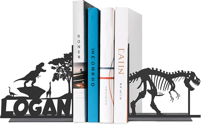 Personalized Name Book Ends Metal, Heavy Duty Bookends for Shelves Decorative, Dinosaur Non-Slip Book Stopper, Home Office Desk Modern Bookshelf Decor, Gifts for Readers Color02