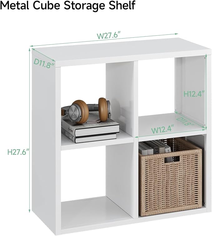 IRONMIX Metal 4 Cube Storage Organizer, White Short Bookshelf with Storage, Small Horizontal Bookshelf, 2 Tier Open Bookcase Cube Shelf, Small Closet Organization for Home Office Library (White, 700)