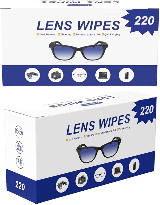 220 Lens Cleaning Wipes for Eyeglasses - Pre-moistened, Individually Wrapped | Scratch-Free, Streak-Free for Sunglasses, Camera Lenses, Phone Screens | Ideal for Home, Travel & Office