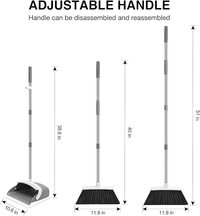 NACENA Broom and Dustpan Set, 52-in Long Adjustable Handle Broom Dustpan Combo with Dustpan Teeth to Automatically Clean Hair Suitable for Home Kitchen Office Hall Floor (Grey&White), 4 Pack