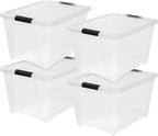 IRIS USA 51 L (54 QT) Plastic Storage Box with Lid and Latches - 4 Pack - BPA-Free, See-Through Organizing Solution, Durable Nestable Stackable Containers, Secure Pull Handle - Clear