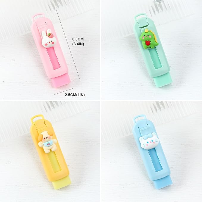 BetterJonny Sliding Retractable Eraser, 4 Color Push Pull Erasers and 8 Refills, Animal Erasers for Pencils Drawing(A)