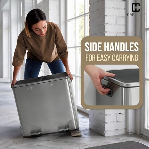 CAPHAUS Black Dual Trash Can w/Double Lid, Trash & Recycle Bins Combo, Hands-Free Stainless-Steel Garbage Can for Kitchen, with 2 Compartment, Hinged Lid, Odor Filters, Handles, 25L+25L, 2 x 6.6 Gal