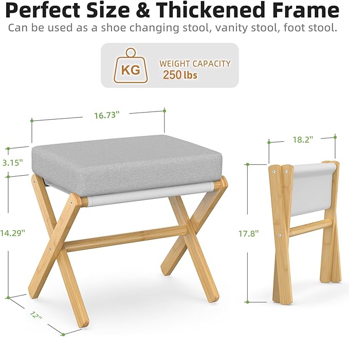 BAMBOOHOMIE Foldable Foot Stool Ottoman, Modern Foot Rest with Bamboo X Legs & Thick Foam Cushion, Folding Foot Stools Small Padded for Bedroom Living Room, Footstool for Chair Couch (Natural - Grey)