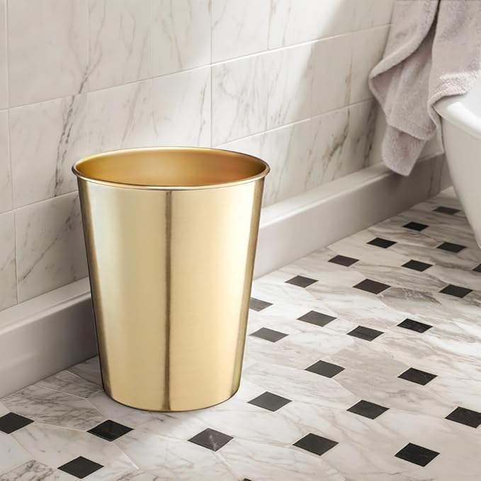 Monarch Abode Metal Bathroom Trash Can – Waste Basket for Bedroom, Office Desk, & Dorm, Handcrafted, Durable Decorative Brushed Gold Small Trash Can Bathroom Garbage Bin Wastebasket