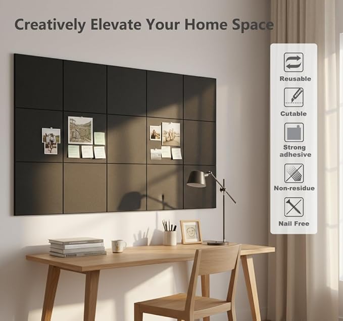 G Gamit Large Felt Wall Tiles Bulletin Board 59”x36”,Large Cork Board Alternative with 60 Pushpins,15 Pack Felt Pin Board with 112 Safe Removable Adhesive Tabs for Home Office School (Black)