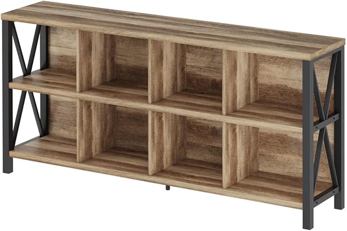 FATORRI 8 Cube Storage Organizer Bookshelf, 62 Inch Rustic Wood Horizontal Bookcase, Industrial Cube Long Book Shelf for Living Room (Rustic Oak)