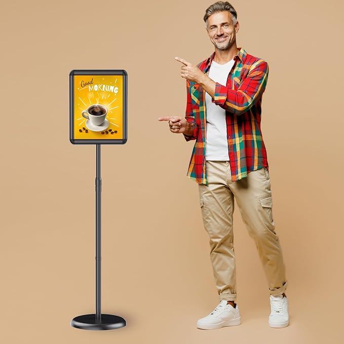 Newzueby Adjustable Pedestal Floor Stand Sign Holder for 8.5*11 inches Poster or chalk board, Snap open frame,360° Rotation,Outdoor Indoor Standing Display Sign Holders for advertising ,Black