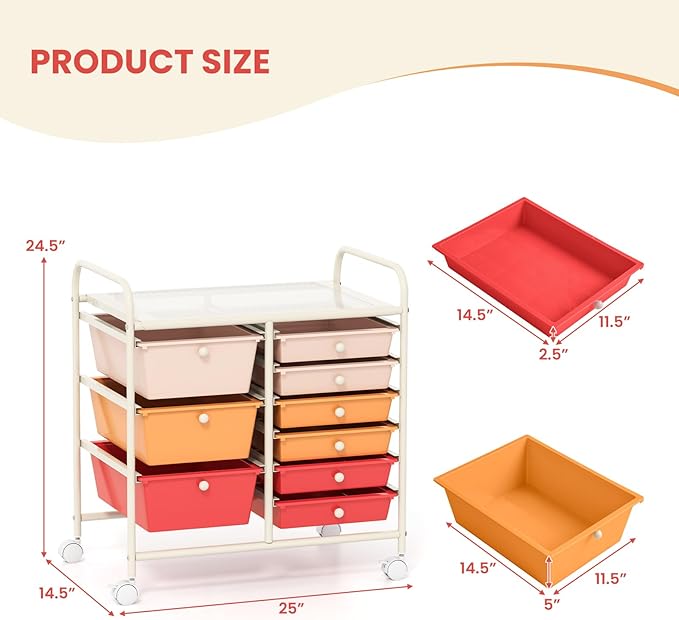 LDAILY 9 Drawer Rolling Storage Cart, Rolling Cart with Drawers for Classroom, Art Supply Craft Organizer on Wheel with Metal Frame & Handles for Home Office School