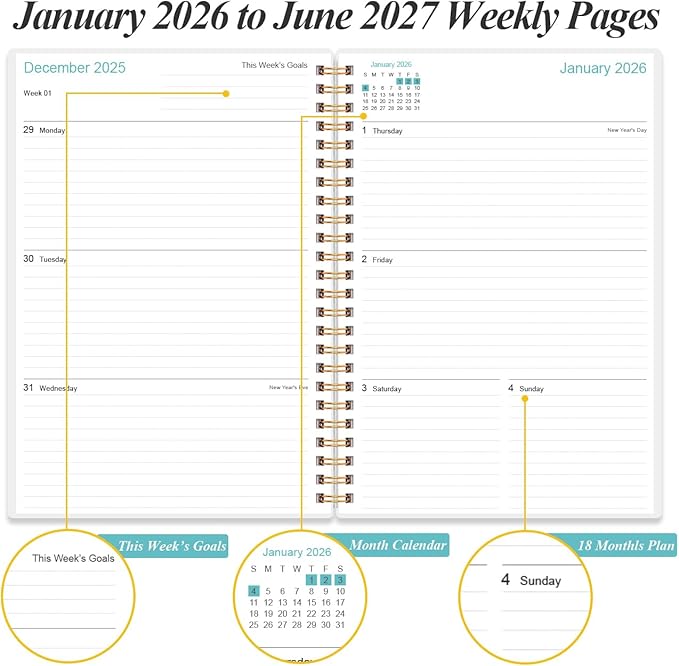 2026-2027 Planner - 18 Months Weekly & Monthly Planner from January 2026 - June 2027, Spiral Notebook 2026-2027 with Elastic Closure, Inner Pocket, Medium 5.8" x 8.3", Flower-A