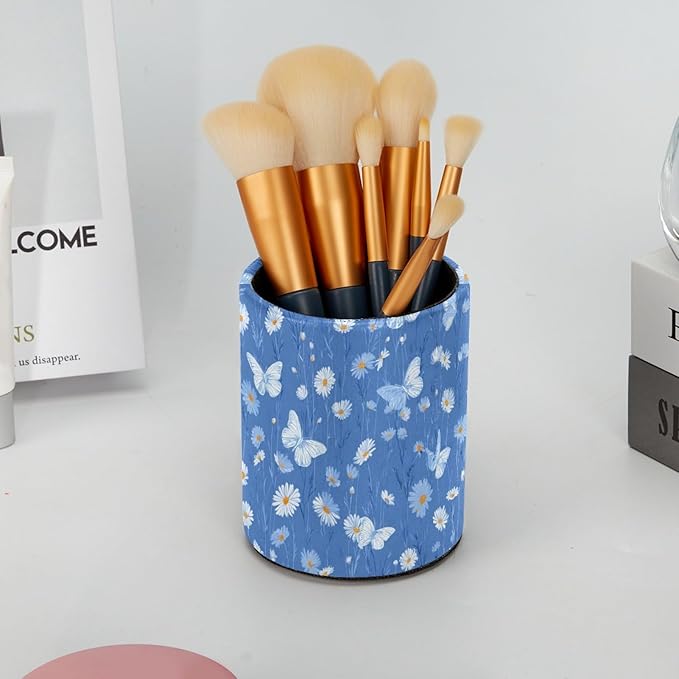 Leather Pen Holder for Desk Blue Butterfly Daisy Pencil Cup Desktop Organizer Makeup Brush Holders Office Supplies for Home, Kids & School