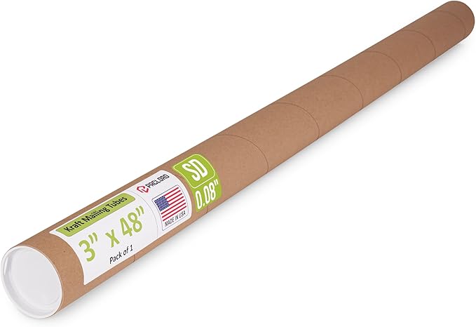 Paclord 3" x 48" Reinforced Kraft Paper Mailing Tube, Pack of 1 Tube with 2 Caps – Secure USPS Approved Poster Tube – Cardboard Tube for Shipping and Storing of Posters, Prints, Artwork, or Documents