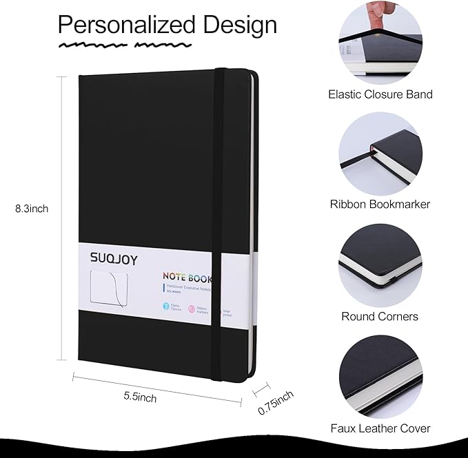 SUQJOY Lined Journal Notebooks for Writing, 100 GSM Thick Paper, 1 Pack Hardcover Notebooks, A5 College Ruled Notebook, Journaling Notebook for School/Travel/Office (Black- 1 Pack)