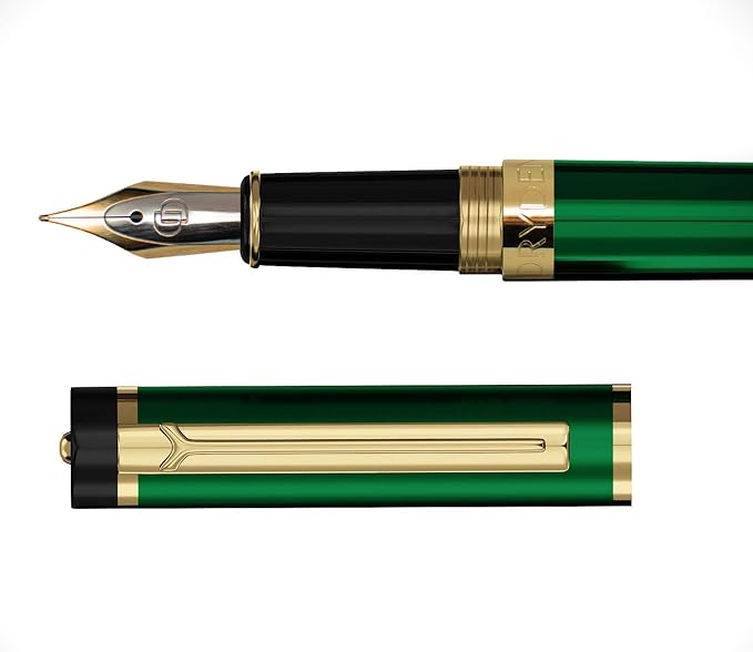 Dryden Designs Fountain Pen - Medium and Fine Nibs | Includes 24 Ink Cartridges and Ink Refill Converter | Calligraphy Pen, Consistent Writing, Smooth Flow - Emerald Green.
