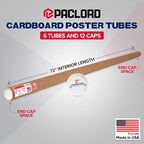 Paclord 2" x 72" Heavy-Duty Reinforced Cardboard Mailing Tube, Pack of 6 Tubes with 12 Caps – Secure USPS Approved – Great for Shipping and Storing of Prints, Artwork, Posters or Documents