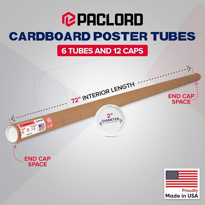 Paclord 2" x 72" Heavy-Duty Reinforced Cardboard Mailing Tube, Pack of 6 Tubes with 12 Caps – Secure USPS Approved – Great for Shipping and Storing of Prints, Artwork, Posters or Documents