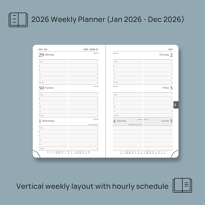 POPRUN Pocket Calendar 2026 (Small Size- 4'' x 6.25") Weekly and Monthly for Purse - Planner 2026 (Jan. 2026 - Dec. 2026) with Vegan Leather Soft Cover, Pen Holder and More - Grey