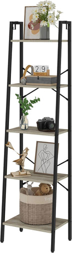 Hzuaneri Ladder Shelf, Bookshelf Bookcase, Freestanding Corner Storage Shelve with 2 Hooks for Home Office, Living Room, Kitchen, Bedroom, Industrial, 11.8" D x 17.3" W x 63" H, Greige BC19205B
