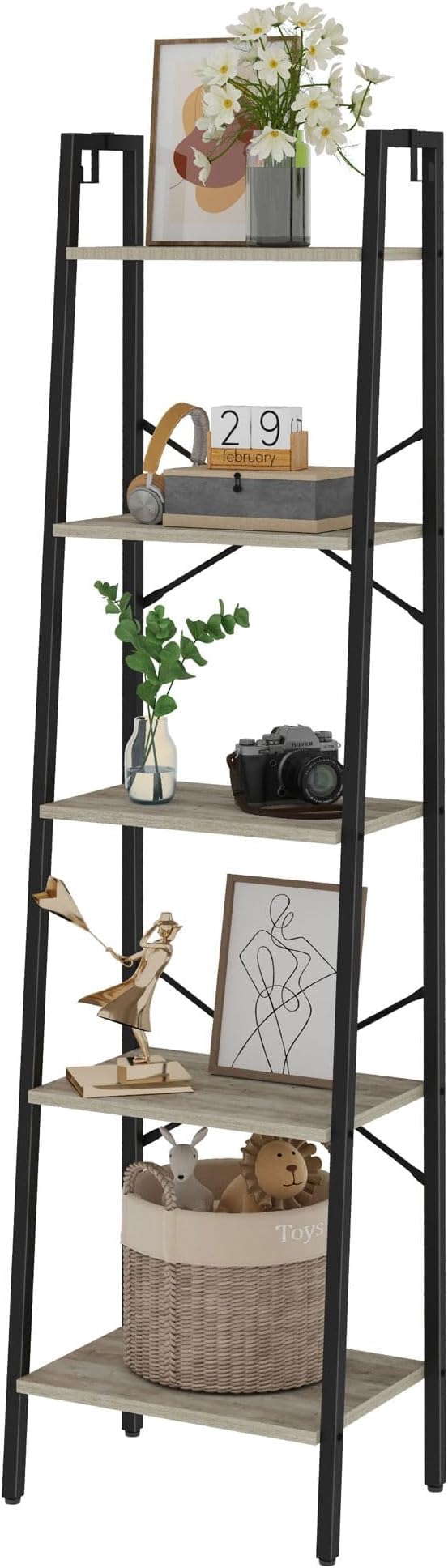 Hzuaneri Ladder Shelf, Bookshelf Bookcase, Freestanding Corner Storage Shelve with 2 Hooks for Home Office, Living Room, Kitchen, Bedroom, Industrial, 11.8" D x 17.3" W x 63" H, Greige BC19205B