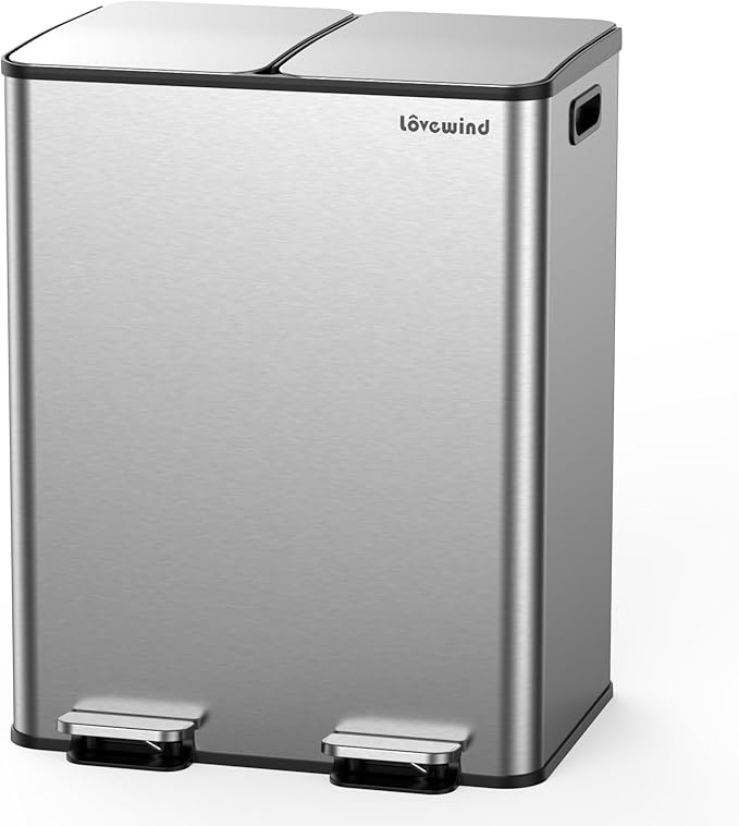Lovewind Kitchen Trash Can, 2 x 8 Gallon (2 x 30 L) Stainless Steel Trash and Recycle Bin Combo with Soft-Close Lid, Dual Compartment Recycling Kitchen Step Trash Bin, Silver