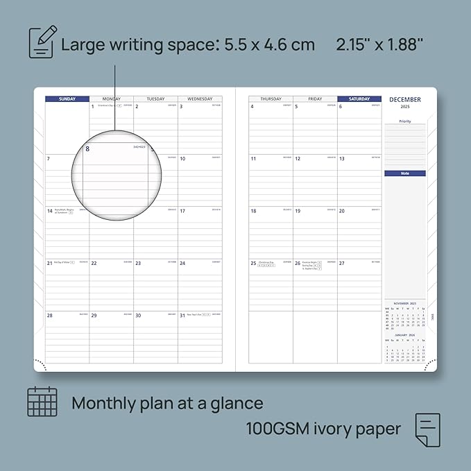 POPRUN Monthly Planner 2026-2027 (Large-8.25'' x 11.75''), 16 Months Calendar (Dec 2025-Mar 2027) Appointment Book with Stair Tabs, Inner Pockets, Pen Holder, PU Leather Softcover - Black