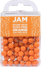 JAM PAPER Colorful Push Pins - Round Head Map Thumb Tacks - Orange Pushpins - 100/Pack