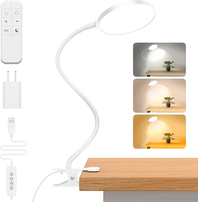 iFalarila Reading Light with Remote, LED Desk Lamp Clip on [1H Timer & Nightlight] RA>95 Dimmable Flexible Gooseneck, Reading Lamp with Clamp for Table - 4.7'' (Adapter Included)
