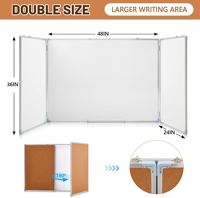 Mooliwe 96"x36" Tri-fold Cork Board Whiteboard Combo, Foldable Combination Magnetic Dry Erase Bulletin Board & Corkboard with Aluminum Frame Wall Mounted for Home, Office and School(Wood)