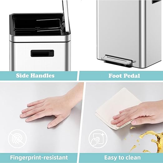 9.5 Gallon (2 x 18 L) Dual Trash Can, Stainless Steel Garbage Can with Soft-Close Lid for Kitchen, Hands-Free Recycle Bin with 2 Compartment Removable Inner Bucket for Home, Office